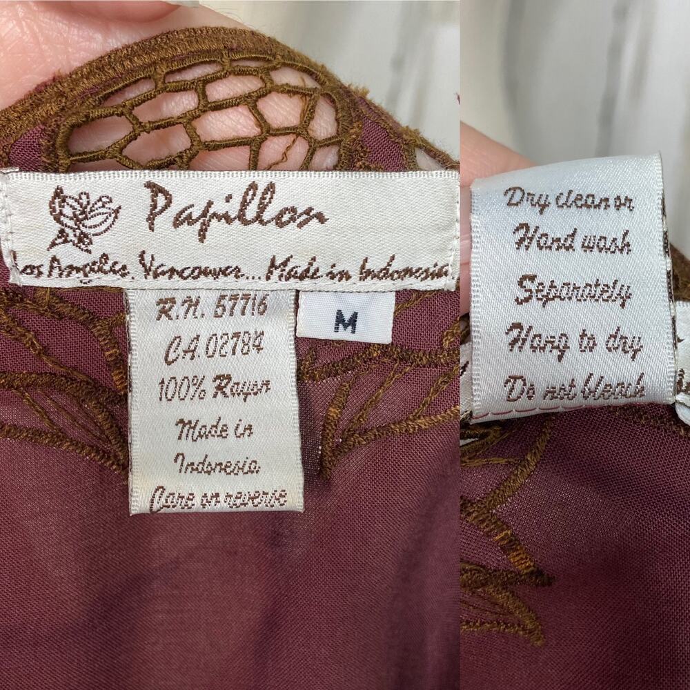 Papillon Embroidered Blouse Brown Tie Dye Button Front Boho Fairy Size M - Picture 7 of 8